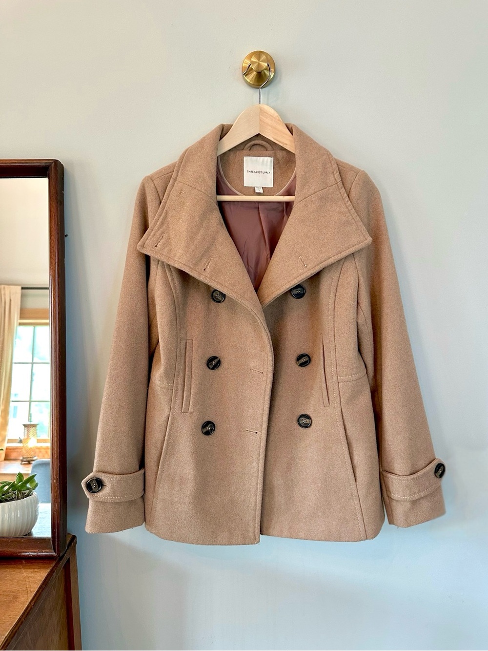 Thread & Supply Wool Blend Peacoat Jacket Small Camel Taupe Double Breasted
